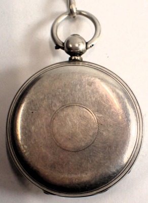 Two pocket watches, comprising a late 19thC silver pocket watch, with white enamel dial, Roman numeric border, seconds dial and gold hands, inscribed J D Fisher of Lincoln, key wind, London 1882, on curb link watch chain with T bar, 158.5g all in, and an - 5