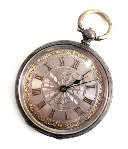 A 19thC fob watch, with a silvered and yellow metal engraved dial, with Roman numerals and blue hands, with engine engraved case, white metal stamped 800, key wind, 42.2g all in.