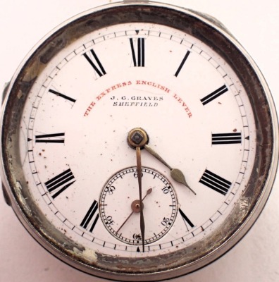 A silver cased pocket watch with white enamel dial, stamped The Express English Lever retailed by JG Greaves of Sheffield, Chester hallmarks, and a white metal pocket watch, retailed by Langdon Davis and Co Birmingham, Swiss made movement and case. (2) - 2