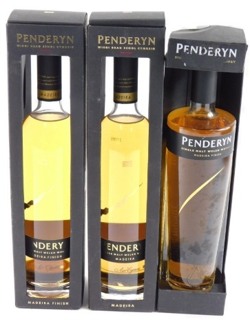 Three bottles of Penderyn single malt Welsh whisky Madeira, (packaging different).