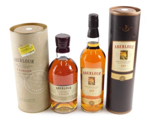 A bottle of Aberlour A'bunadh whisky, batch number 59, bottle straight from cask, 60.9, and a bottle of Aberlour highland single malt Scotch whisky, aged ten years. (2, both boxed)