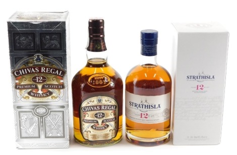 A bottle of Strathisla Highland Scotch whisky, aged twelve years, and a bottle of Chivas Regal, aged twelve years. (2)