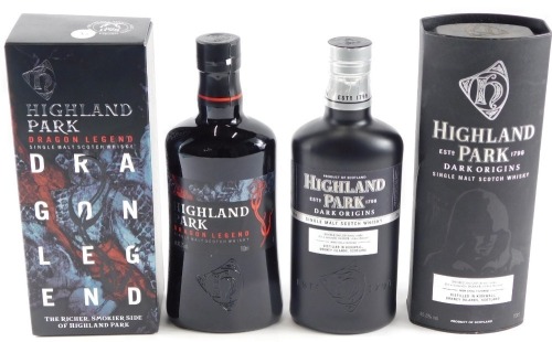 A bottle of Highland Park Dragon Legend single malt Scotch whisky, and a bottle of Highland Park Dark Origins single malt Scotch whisky. (2)