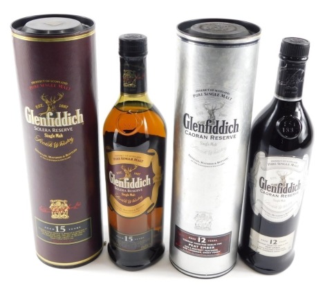 A bottle of Glenfiddich Caoran Reserve single malt whisky, aged twelve years, and a bottle of Glenfiddich Solera reserve single malt whisky, aged fifteen years. (2)