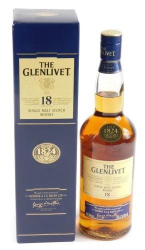 A bottle of the Glenlivet single malt scotch whisky, aged eighteen years.