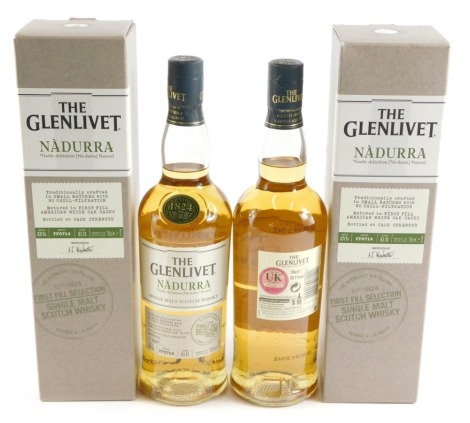 Two bottles of the Glenlivet Nadurra first fills section single malt scotch whisky, bottled 0714, batch number FF0714.