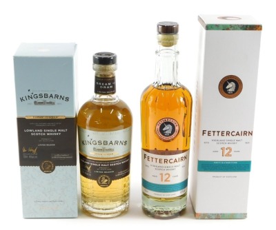 A bottle of Kingsbarns Lowland single malt scotch whisky, limited release, and a bottle of Fettercairn highland single malt scotch whisky, aged twelve years.