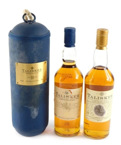 A bottle of Talisker single malt scotch whisky from the Isle of Sky, aged ten years, in canvas carrying case, and another bottle of Talisker whisky. (2)