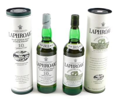 A bottle of Laphroaig single malt scotch whisky, aged ten years, and a bottle of Laphroaig quarter cask double cask matured scotch whisky, both boxed.