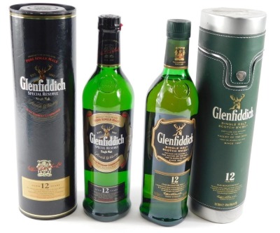 A bottle of Glenfiddich single malt scotch whisky, aged twelve years, and a bottle of Glenfiddich special reserve single malt scotch whisky, aged twelve years. (2)