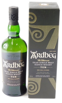 A bottle of Ardbeg Ultimate Islay single malt scotch whisky, aged ten years, boxed.