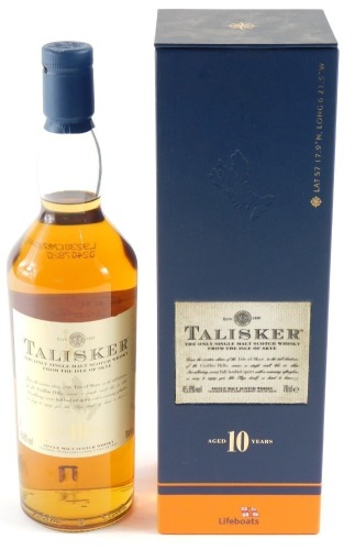 A bottle of Talisker Isle of Skye single malt scotch whisky, aged ten years.