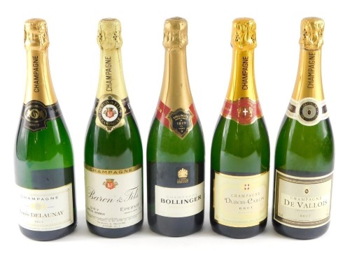 Five bottles of Champagne, to include Bollinger special Cuvee, Baron and Fils dry special reserve etc.