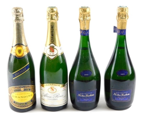 Four bottles of Champagne, to include Chanoine, Nicholas Feuillatte 2002.