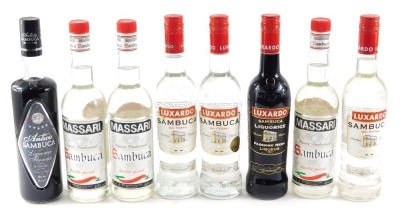 Four bottles of Luxardo Sambuca, (one liquorice), three bottles of Massari Sambuca, and Antica Sambuca. (8)