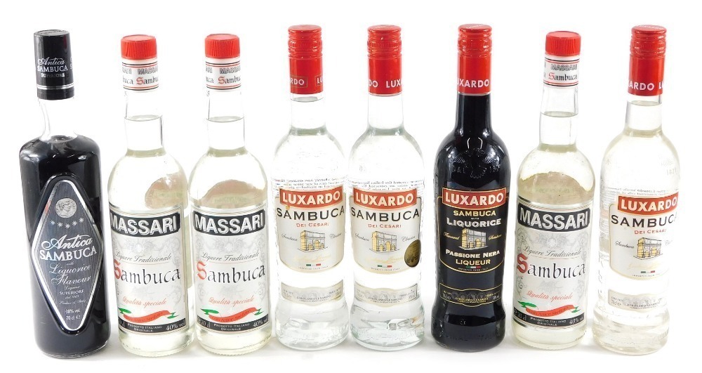 three and of Antica Sambuca. liquorice), bottles (8) Sambuca, Sambuca, of (one Four Luxardo Massari bottles