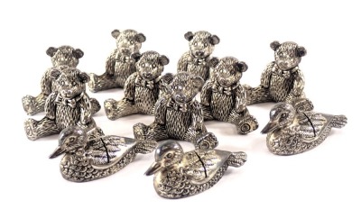 A quantity of plated metal menu holders, Teddy bears and ducks, stamped Silea, in a Stewart Millennium box.