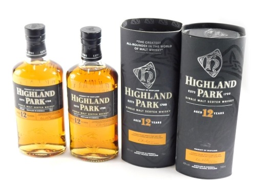 Two bottles of Highland Park single scotch whisky, aged twelve years.