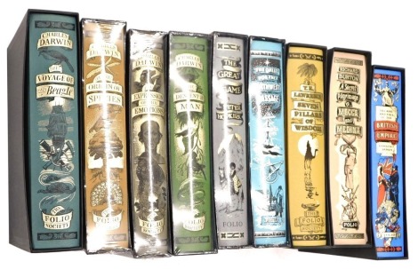 Nine Folio Society volumes, to include The Rise and Fall of The British Empire, A Secret Pilgrimage to Mecca and Medina, Seven Pillars of Wisdom, The Quest for the North West Passage, The Great Game, The Voyage of the Beagle, On the Origin of Species, The