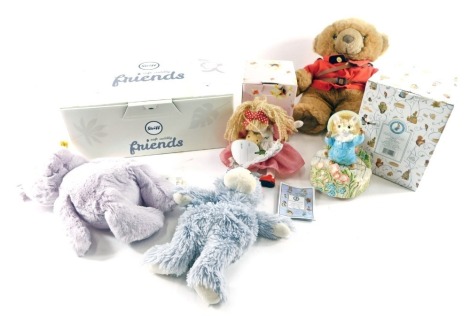 A Steiff Friends purple Teddy bear, in original box, and other bears.