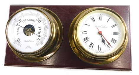 A Foster Callear wall clock and aneroid barometer, each mounted onto mahogany backing, 48cm wide overall.