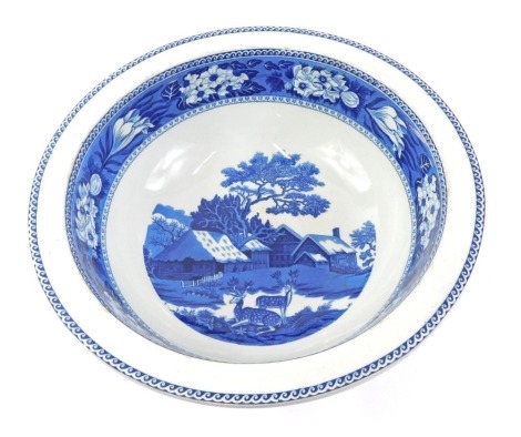 A Wedgwood Fallow Deer pattern wash bowl, printed in deep blue, impressed marks and printed marks to underside, 40cm diameter.