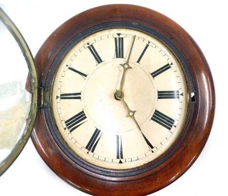 A late 19thC mahogany cased wall clock, circular dial bearing Roman numerals, with weights, 33cm wide. (AF)