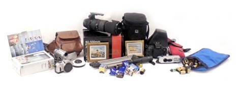 Miscellaneous items, to include a Canon EOS camera, telescopic tripod, films, two miniature oil paintings stamped JSS, Sigma EX auto focus camera, etc.