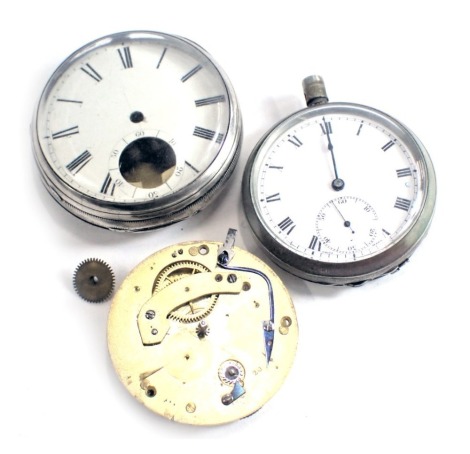 Two pocket watches, comprising a silver cased pocket watch, with key wind movement numbered 5273, in a Victorian silver case (AF), 93g all in, and a stainless steel cased pocket watch. (2, AF)