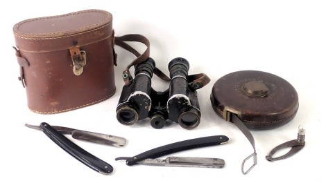 A Chesterman of Sheffield vintage tape measure, cut throat razor, and a cased set of Carl Zeiss binoculars, etc.