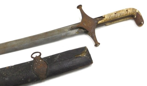 A 19thC Indian sword or sabre with curved blade, iron guard, and part ivory handle, the blade with indistinct engraving within a leather scabbard, 89cm long.