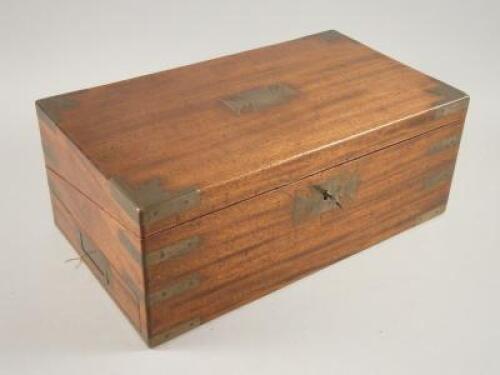 A mid 19thC mahogany and brass bound campaign writing box