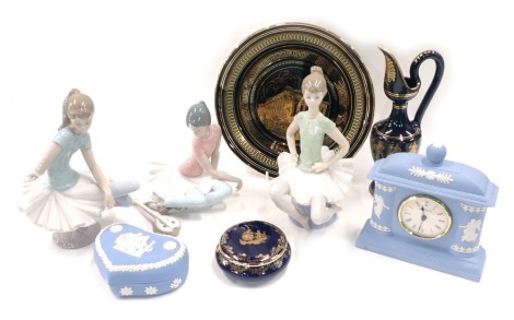 A group of collectors ceramics, comprising Wedgwood blue Jasperware mantel clock, blue Jasperware heart pin dish, eastern plate and goblet, Limoges blue trinket box and lid, two Lladro seated ballerinas, and a Lladro seated figure of a girl in green dress