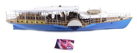 A kit built scale model paddle steamer, with blue hull and white roof, 85cm long.