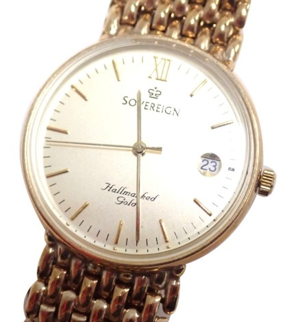 A sovereign 9ct gold gentleman's wristwatch, with a silvered dial with Roman numeric and batton border, with date aperture, 3cm diameter, on a pleated band, 28.8g all in, boxed, with additional links.