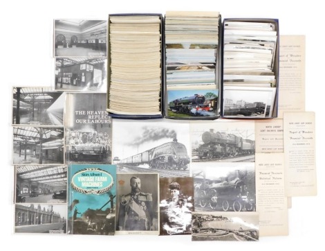 Ephemera, comprising a collection of black and white pamphlets and postcards, mainly relating to locomotives and steam trains, a small group of Royal commemorative black and white photographs, townscapes, etc. (1 box)