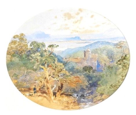 19thC School. View Of Castle From Moss House, monogrammed and titled, dated 1857, oval 20cm x 24cm, in gilt ornate frame.