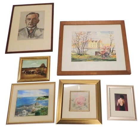 A collection of pictures and prints, comprising E.Pumfeld (20thC school) watercolour chalet scene, M.H.Gwynn pastel portrait of a gentleman, Simcock, watercolour seascape, and three other prints, the largest 32cm x 42cm.