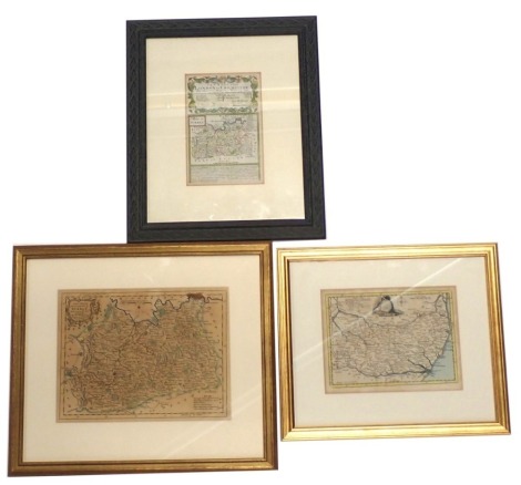 Three 20thC maps, comprising The New Map of Surrey by Thomas Kitchen George, 20cm x 26cm, a Map of Norfolk, 16cm x 20cm, and a London to Chichester Roadmap of Surrey, 19cm x 12cm, framed and glazed. (3)