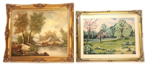 Groneman (20thC school). Woodland scene with cottage by river, oil on canvas, signed, 49cm x 61cm, in a gilt frame, together with a knitted woodland scene, 38cm x 46cm, framed and glazed. (2)