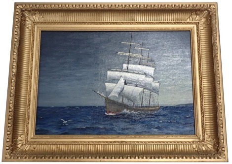 D.H. (20thC school). Masted ship, sea with seagull, signed and dated 77, oil on board, 46cm x 63cm, in gilt frame.