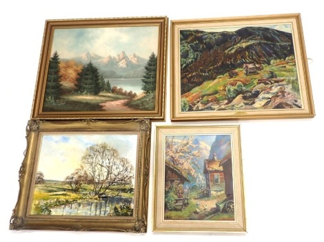 Four paintings, comprising After W.H.Evin cottage print, After Henrich Sorrenson, coloured print, woodland landscape, and an oil on canvas woodland scene signed R.T. (4)