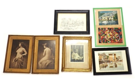 A group of pictures and prints, comprising After A. Astey semi-nude female, pencil sketch harbour scene, A. Astey semi-clad female pair, and others. (a quantity)