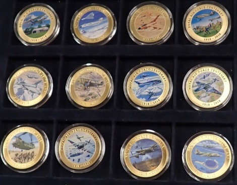 The Westminster RAF centenary coin collection, cupronickel with 24ct gold plating, proof coins, to include The Harrier GR3 Hawk Hurricane, Submarine, Spitfires, Tycoon FGR4, certificate of ownership number 462, in presentation case.