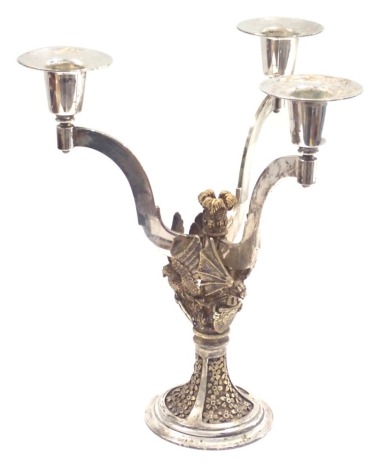 An Elizabeth II HM silver gilt three branch candelabrum, with griffin crest and crown central column, in silver gilt with a floral stepped column, limited edition number 327/400, maker Hector Miller, London 1981, 22cm high, 18.90oz, made to commemorate th