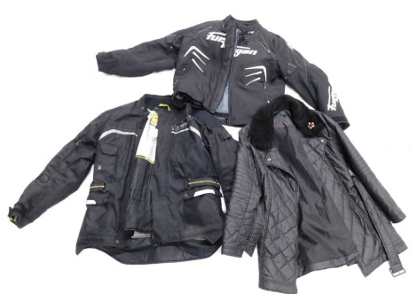 A Furygan motor cycle jacket, size 2XL and a G-mac urban armour motorcycle jacket size XL, and a ladies M&S coat.