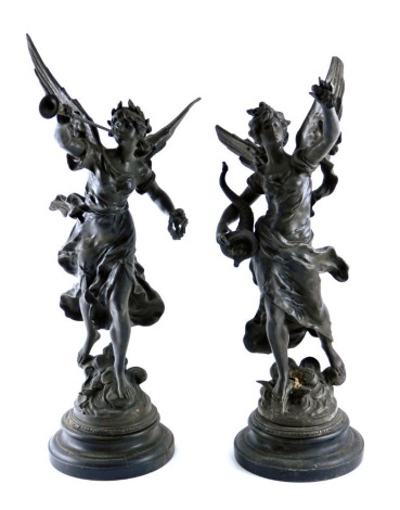 A pair of late 19thC French spelter figures, La Fortune and La Renommee after Aorreau modelled in the form of winged figures holding musical instruments, each on an ebonised base, 72cm high. (AF)