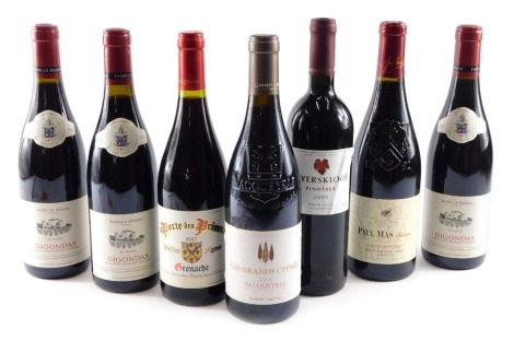 Seven bottles of red wine, to include Gigondas 2010, Paul Mas Reserve 2021, etc.