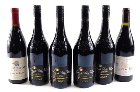 Four bottles of WF Cotes du Rhone Villages 2010, a bottle of Meridion 2010 Cotes du Rhone, etc.