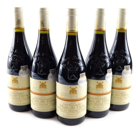 Five bottles of les Baumelles Plan de Dieu Cotes du Rhone Villages 2010.